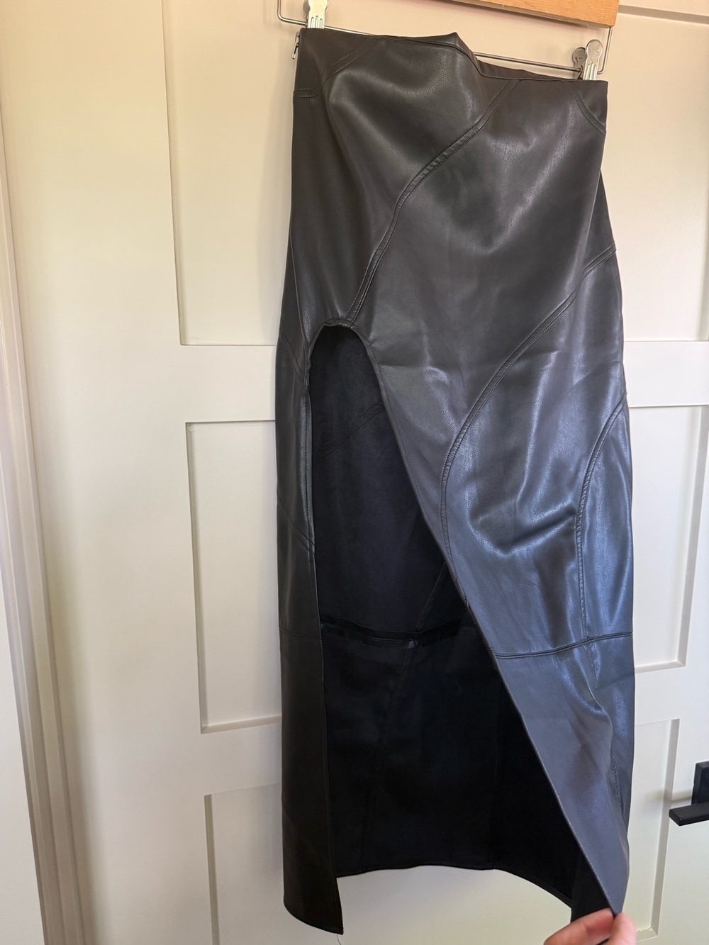 Forever 21 Black Faux Leather Maxi Skirt with Front Slit thigh high